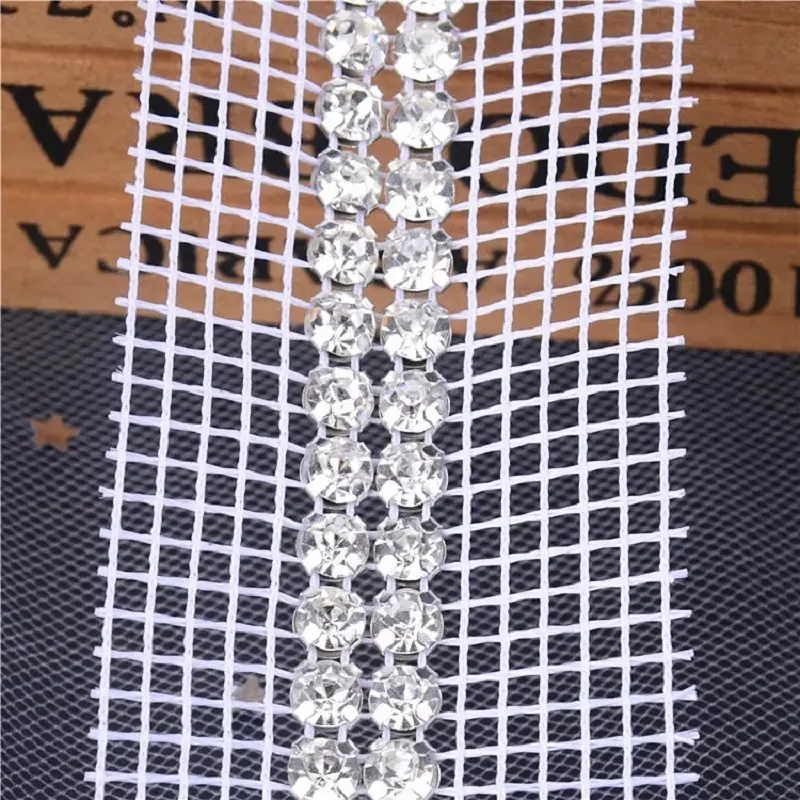 customized plastic mesh trimming white or neutral fabric TRIM with 4 rows of rhinestones