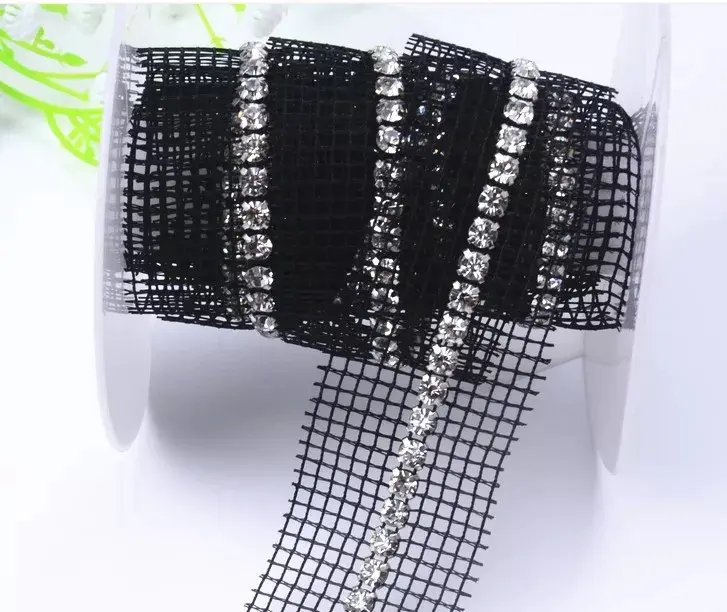 Plastic crystal chain setting with black or white mesh 2 rows Swaro crystal yard