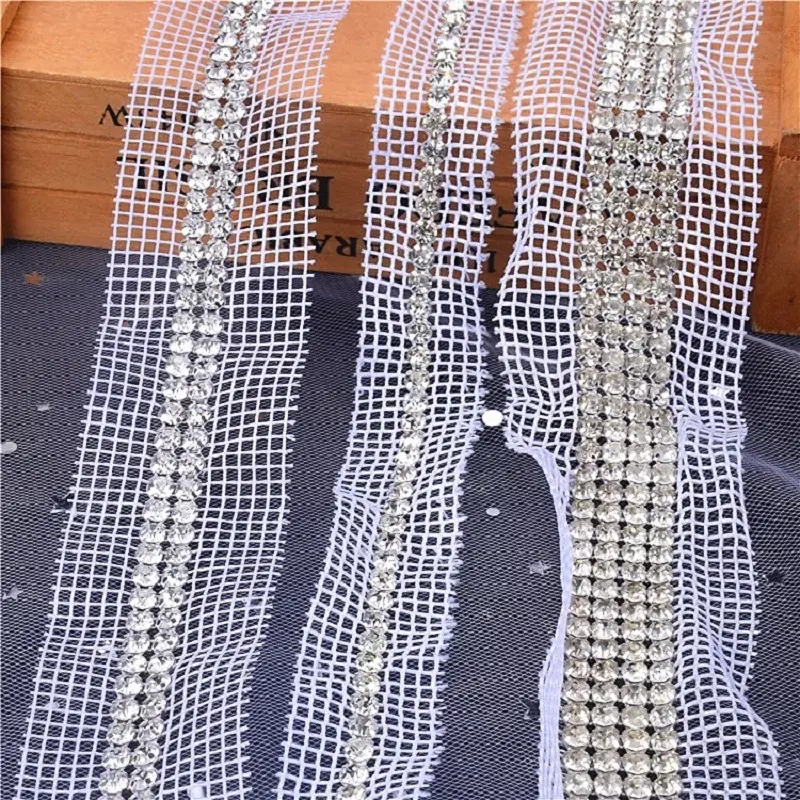 customized plastic mesh trimming white or neutral fabric TRIM with 4 rows of rhinestones